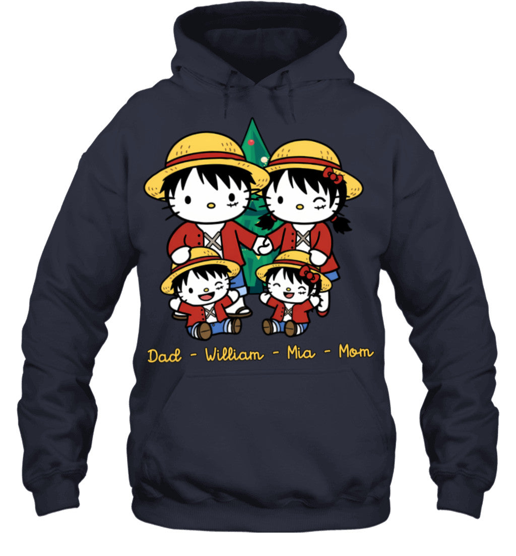 Hello Kitty x Luffy Parents & Kids Custom Name Christmas T-Shirt for Family