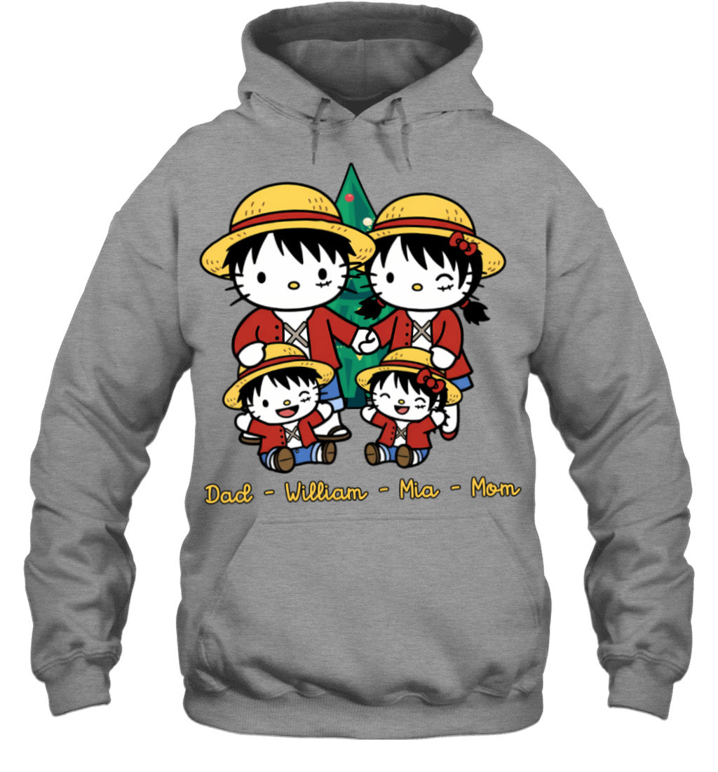 Hello Kitty x Luffy Parents & Kids Custom Name Christmas T-Shirt for Family