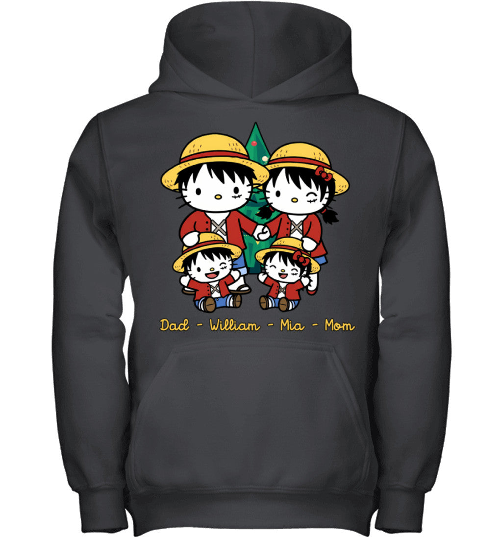 Hello Kitty x Luffy Parents & Kids Custom Name Christmas T-Shirt for Family