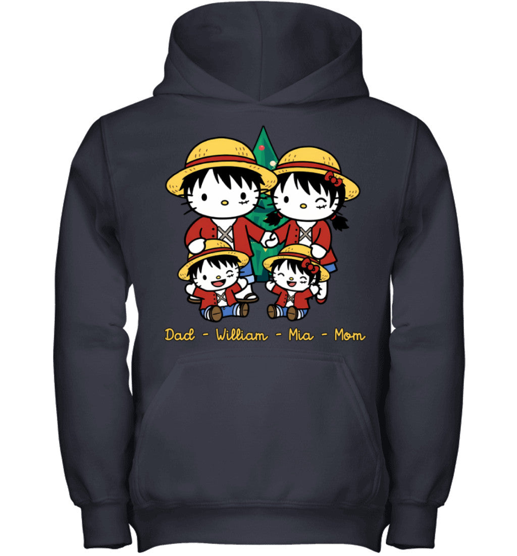 Hello Kitty x Luffy Parents & Kids Custom Name Christmas T-Shirt for Family