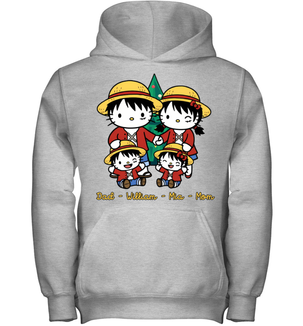 Hello Kitty x Luffy Parents & Kids Custom Name Christmas T-Shirt for Family