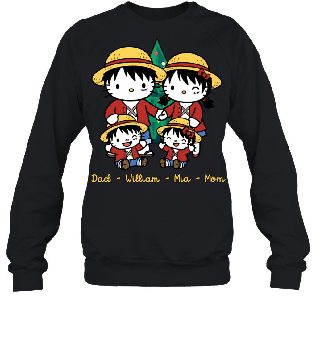 Hello Kitty x Luffy Parents & Kids Custom Name Christmas T-Shirt for Family