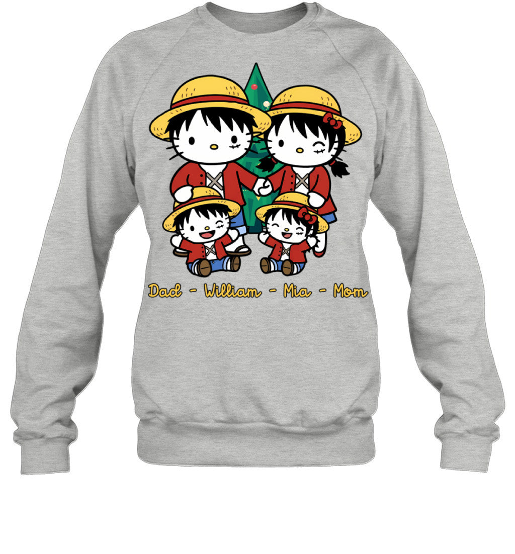 Hello Kitty x Luffy Parents & Kids Custom Name Christmas T-Shirt for Family