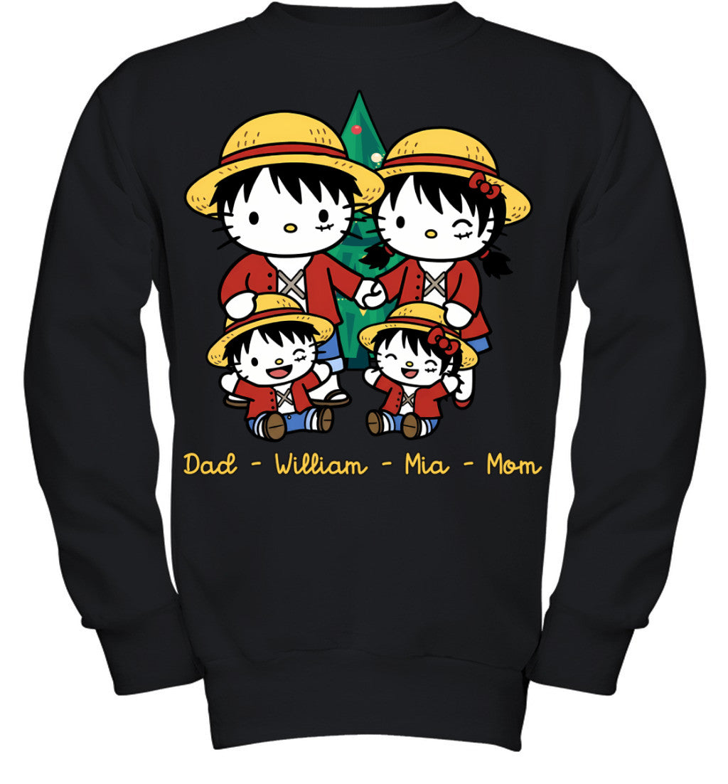 Hello Kitty x Luffy Parents & Kids Custom Name Christmas T-Shirt for Family