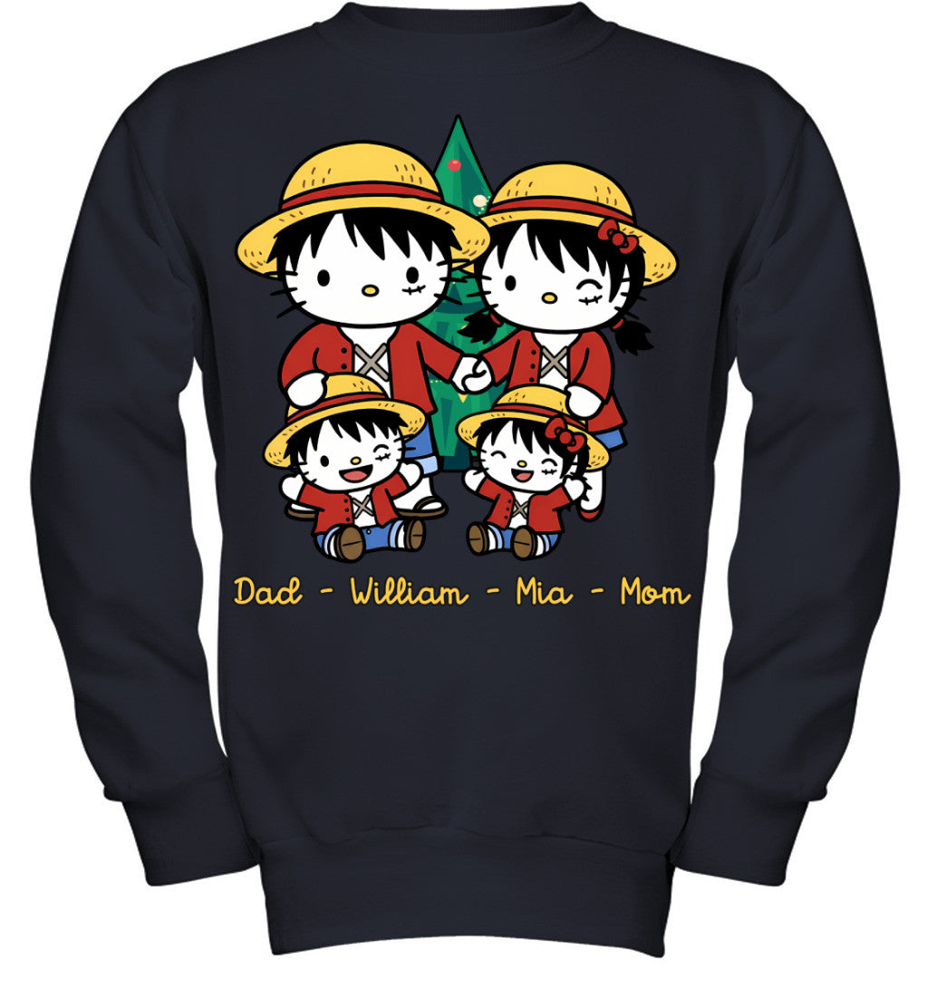 Hello Kitty x Luffy Parents & Kids Custom Name Christmas T-Shirt for Family