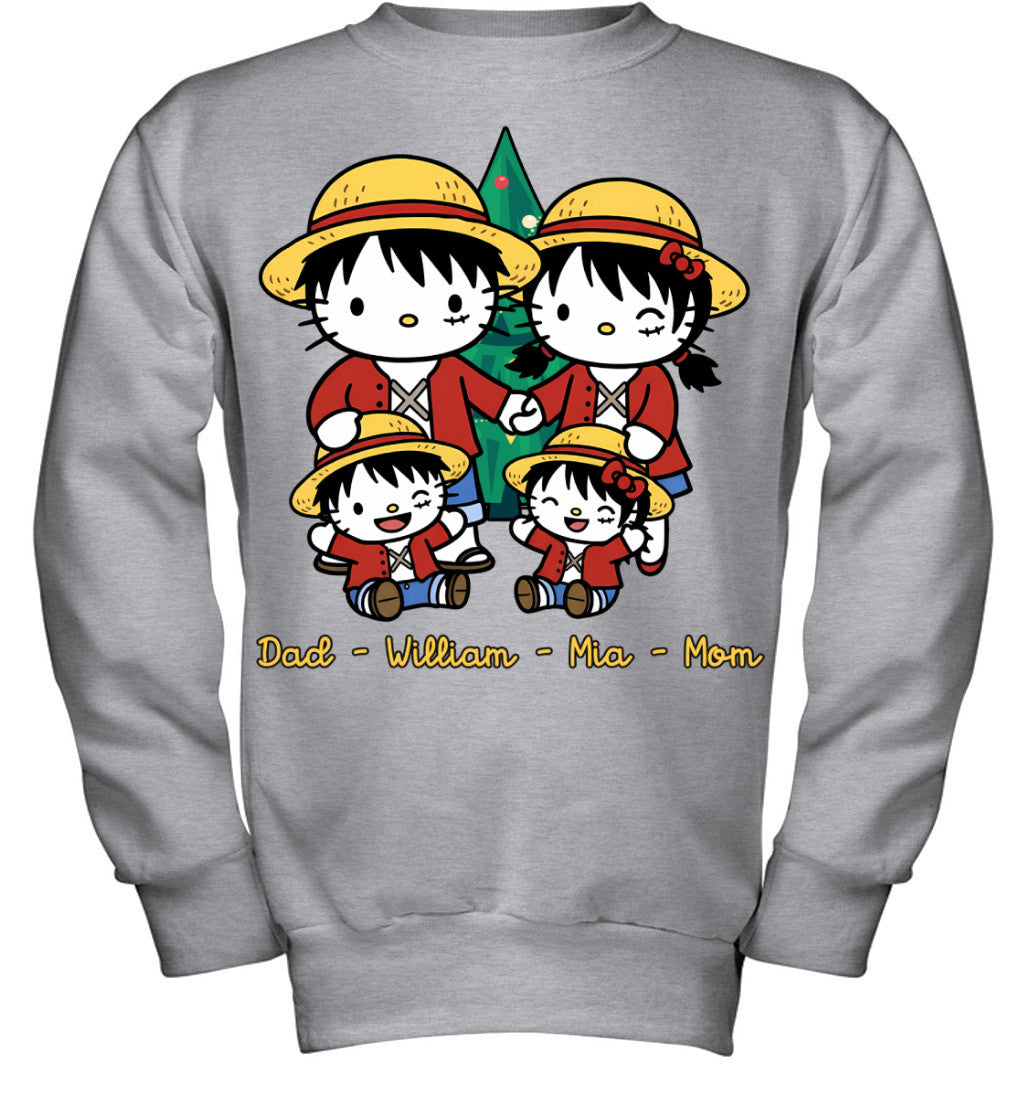Hello Kitty x Luffy Parents & Kids Custom Name Christmas T-Shirt for Family