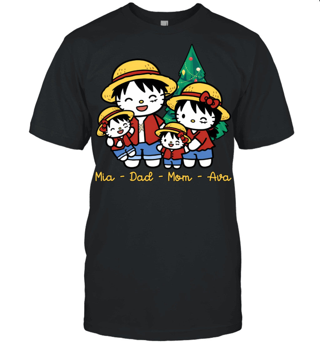 Hello Kitty x Luffy Parents & Daughters Custom Name Christmas T-Shirt for Family