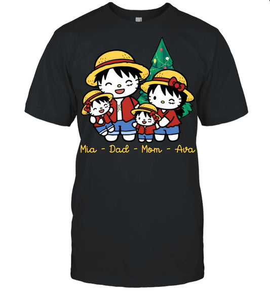 Hello Kitty x Luffy Parents & Daughters Custom Name Christmas T-Shirt for Family
