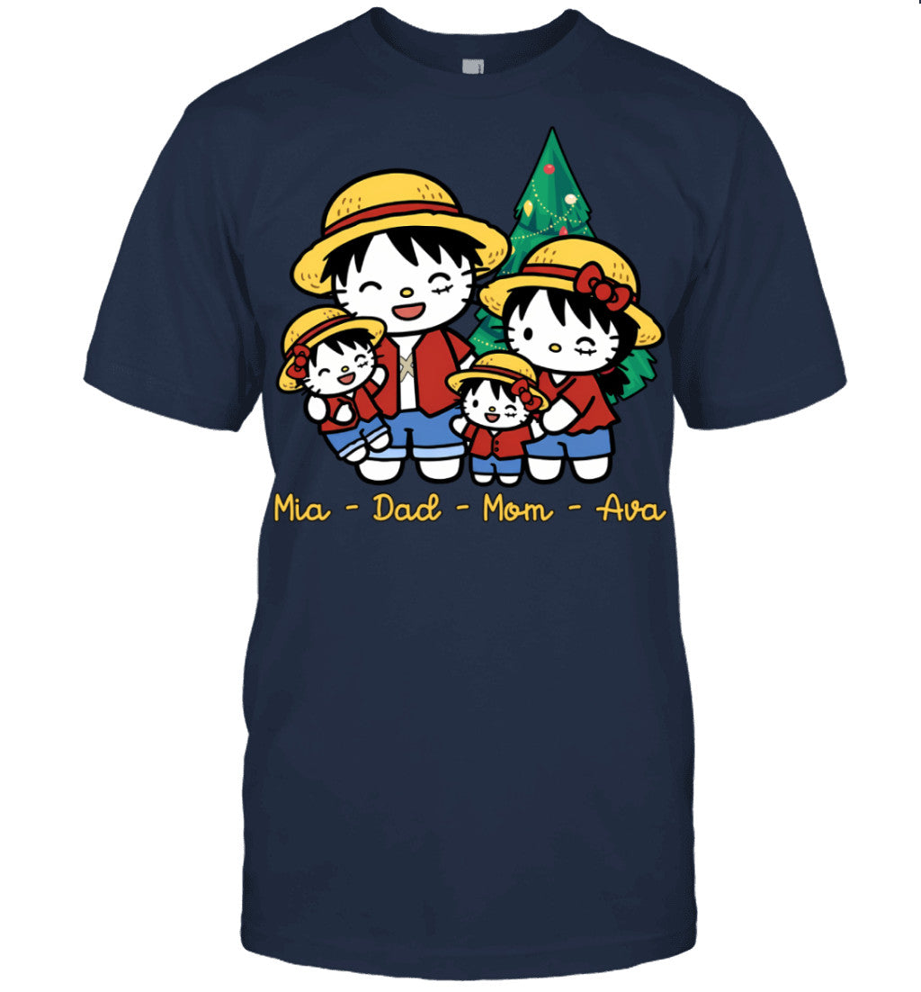 Hello Kitty x Luffy Parents & Daughters Custom Name Christmas T-Shirt for Family