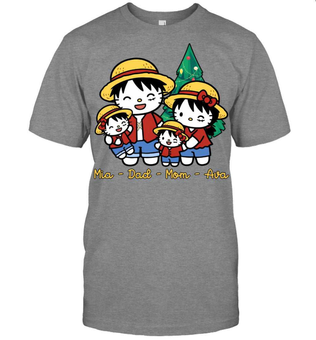Hello Kitty x Luffy Parents & Daughters Custom Name Christmas T-Shirt for Family