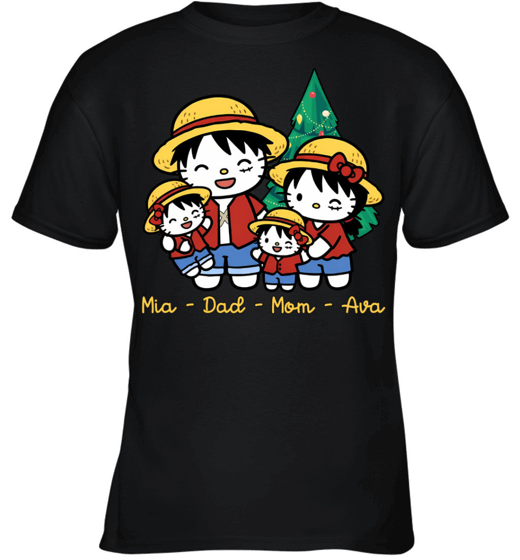 Hello Kitty x Luffy Parents & Daughters Custom Name Christmas T-Shirt for Family