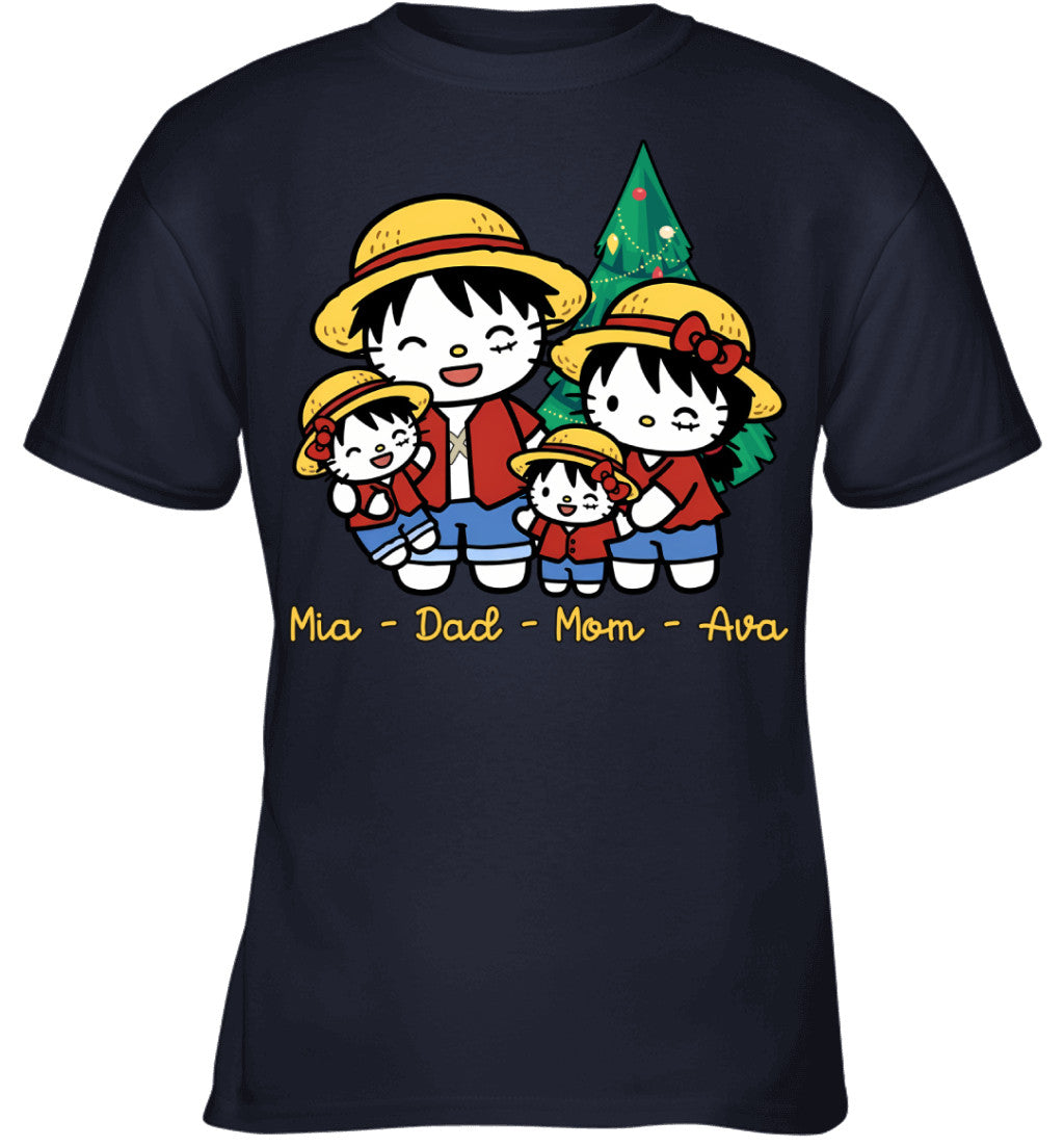 Hello Kitty x Luffy Parents & Daughters Custom Name Christmas T-Shirt for Family