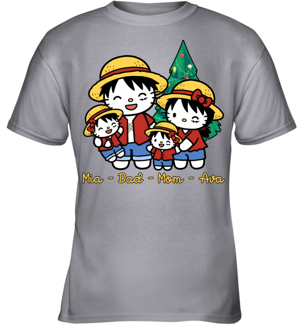 Hello Kitty x Luffy Parents & Daughters Custom Name Christmas T-Shirt for Family