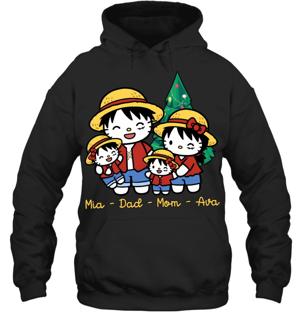 Hello Kitty x Luffy Parents & Daughters Custom Name Christmas T-Shirt for Family