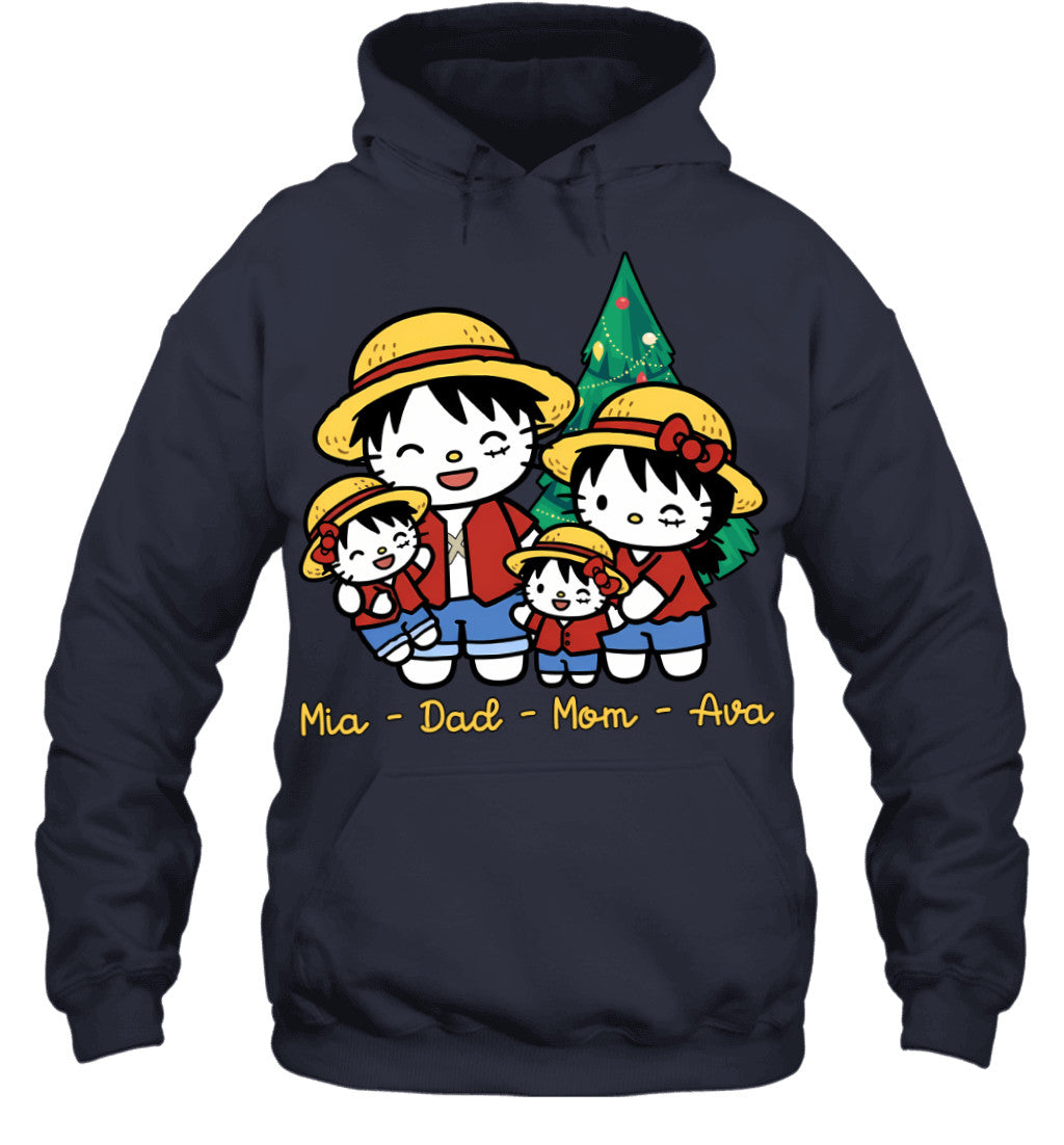 Hello Kitty x Luffy Parents & Daughters Custom Name Christmas T-Shirt for Family