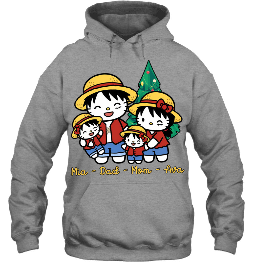 Hello Kitty x Luffy Parents & Daughters Custom Name Christmas T-Shirt for Family