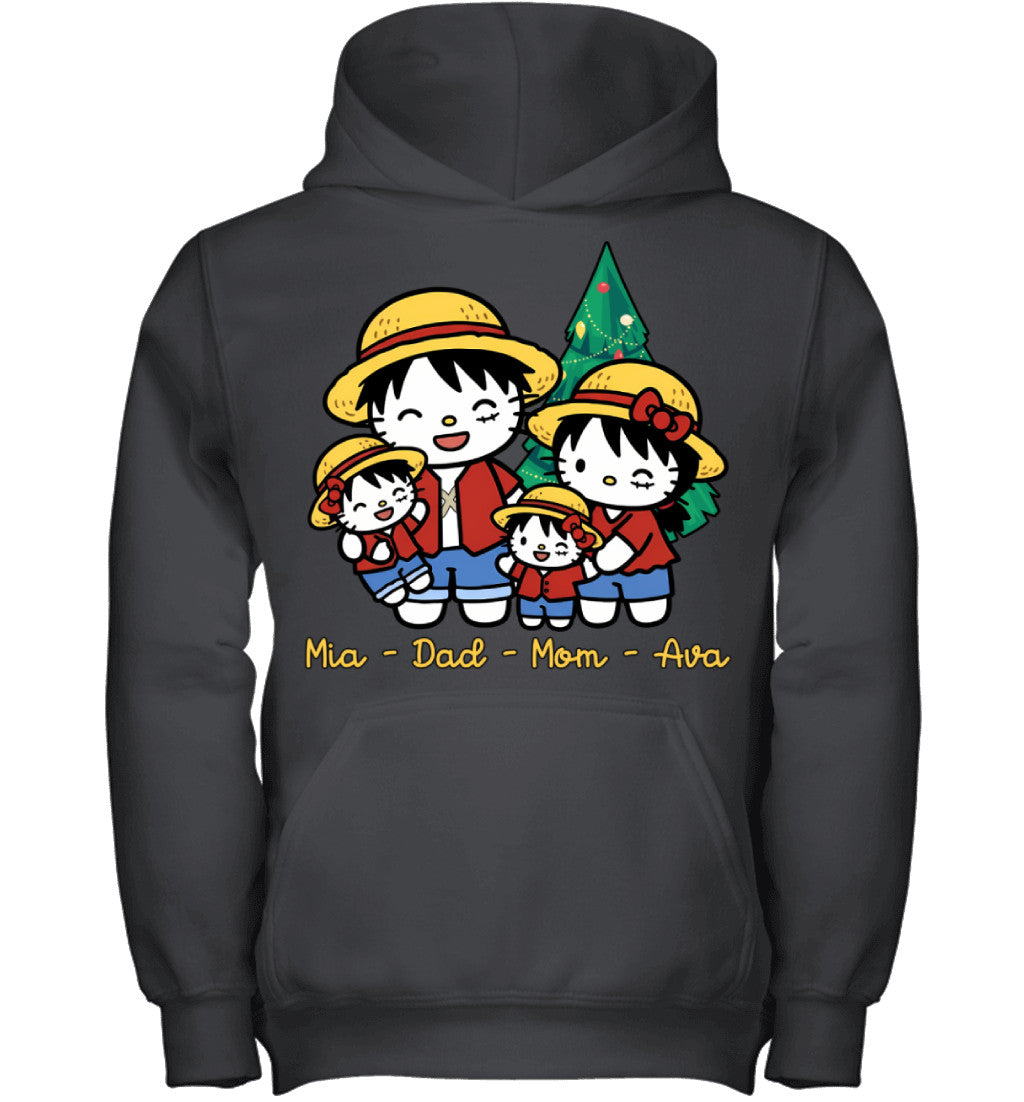 Hello Kitty x Luffy Parents & Daughters Custom Name Christmas T-Shirt for Family