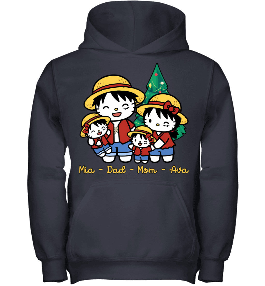 Hello Kitty x Luffy Parents & Daughters Custom Name Christmas T-Shirt for Family