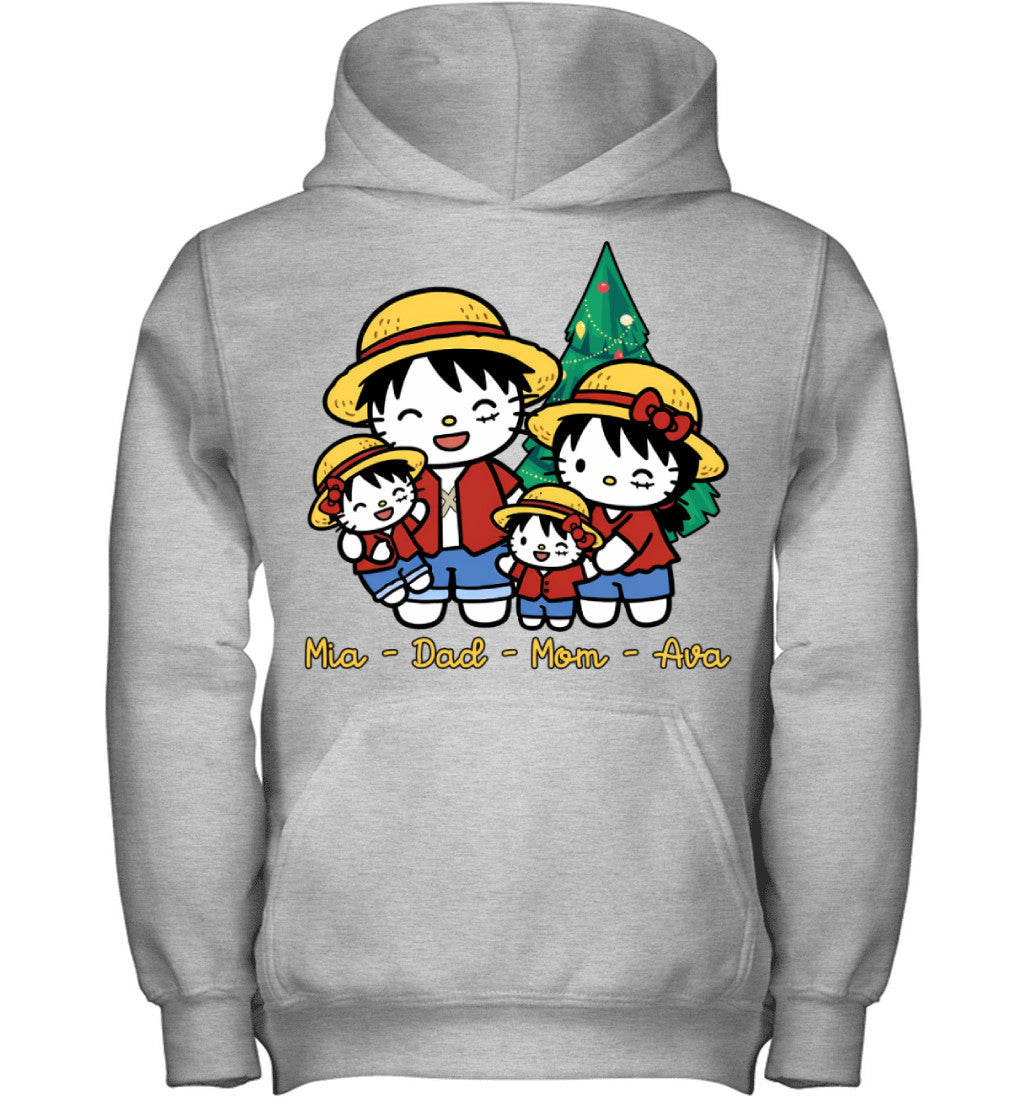 Hello Kitty x Luffy Parents & Daughters Custom Name Christmas T-Shirt for Family