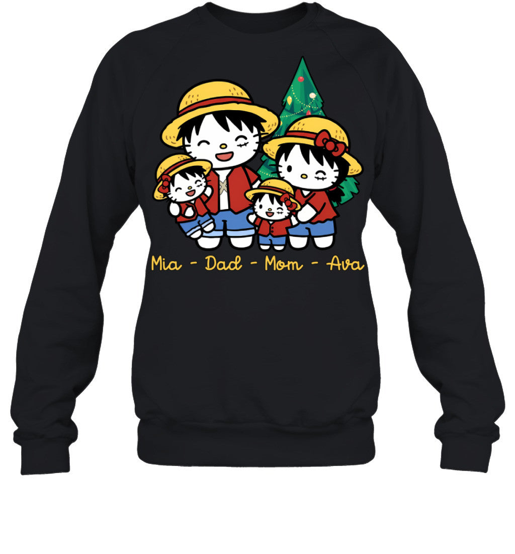 Hello Kitty x Luffy Parents & Daughters Custom Name Christmas T-Shirt for Family
