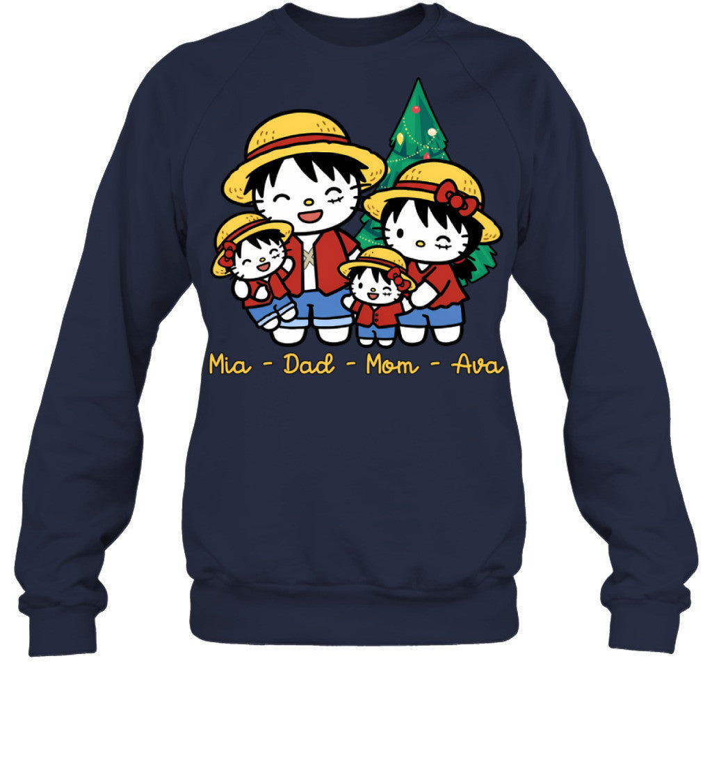 Hello Kitty x Luffy Parents & Daughters Custom Name Christmas T-Shirt for Family