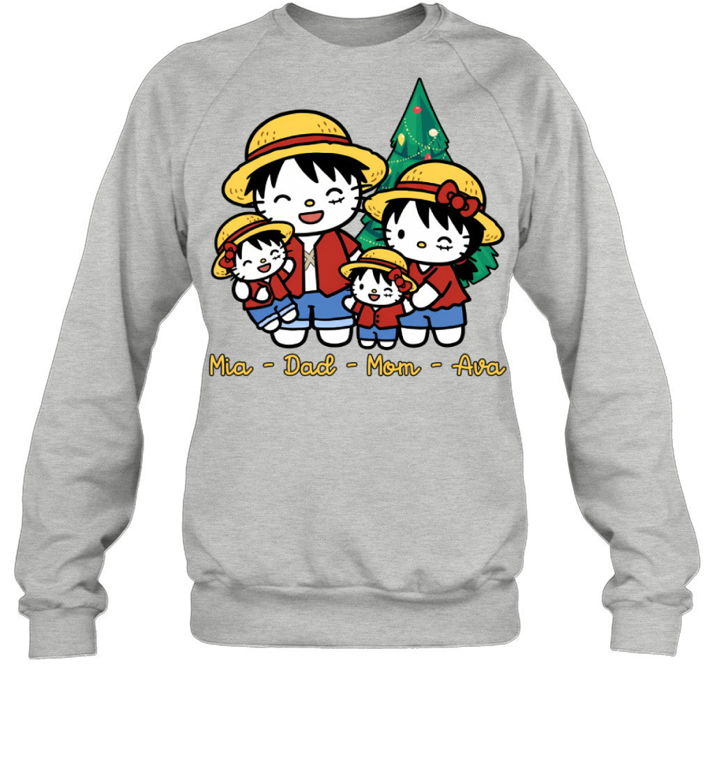 Hello Kitty x Luffy Parents & Daughters Custom Name Christmas T-Shirt for Family