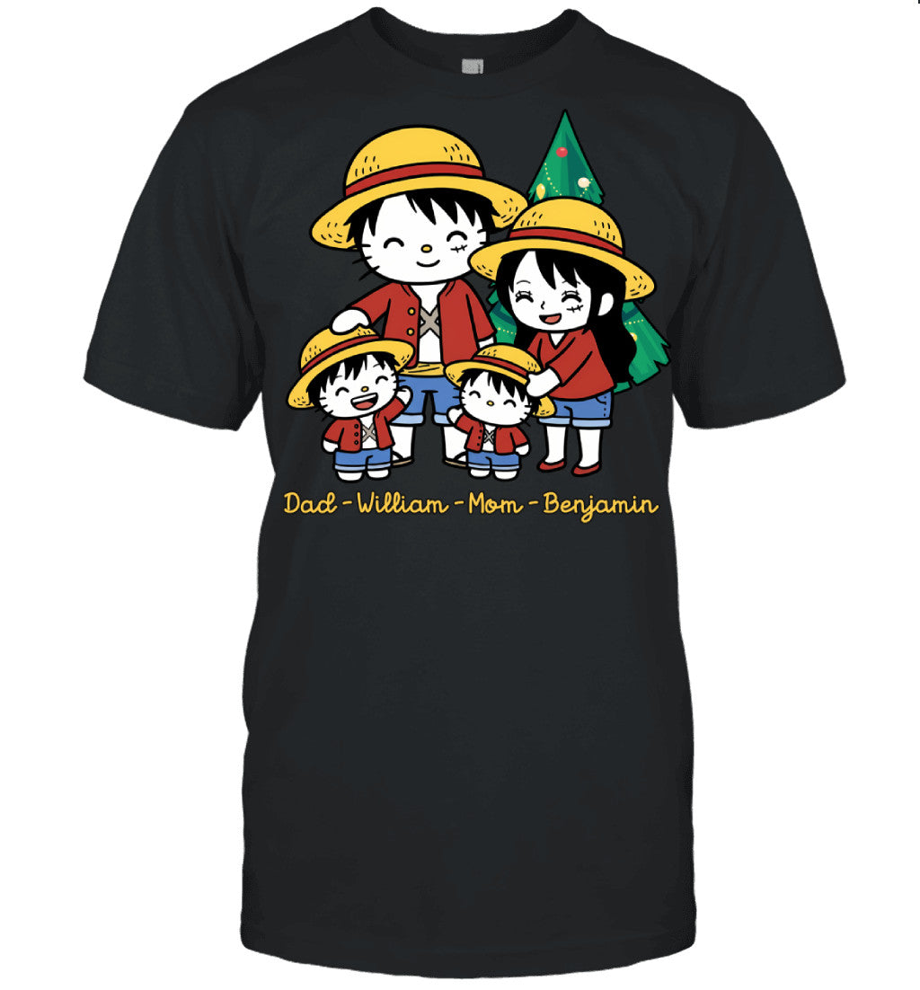 Hello Kitty x Luffy Parents & Sons Custom Name Christmas T-Shirt for Family