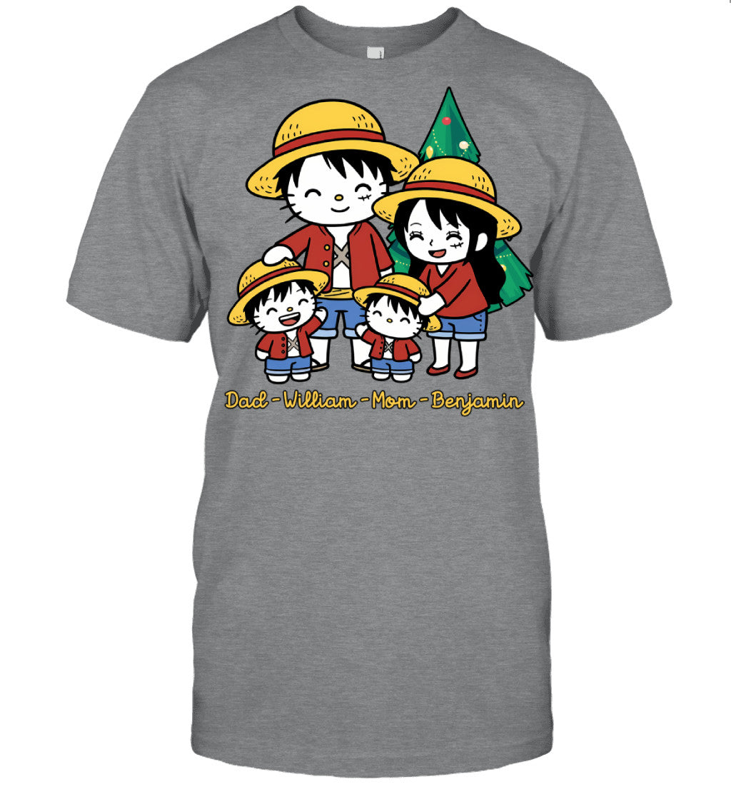 Hello Kitty x Luffy Parents & Sons Custom Name Christmas T-Shirt for Family