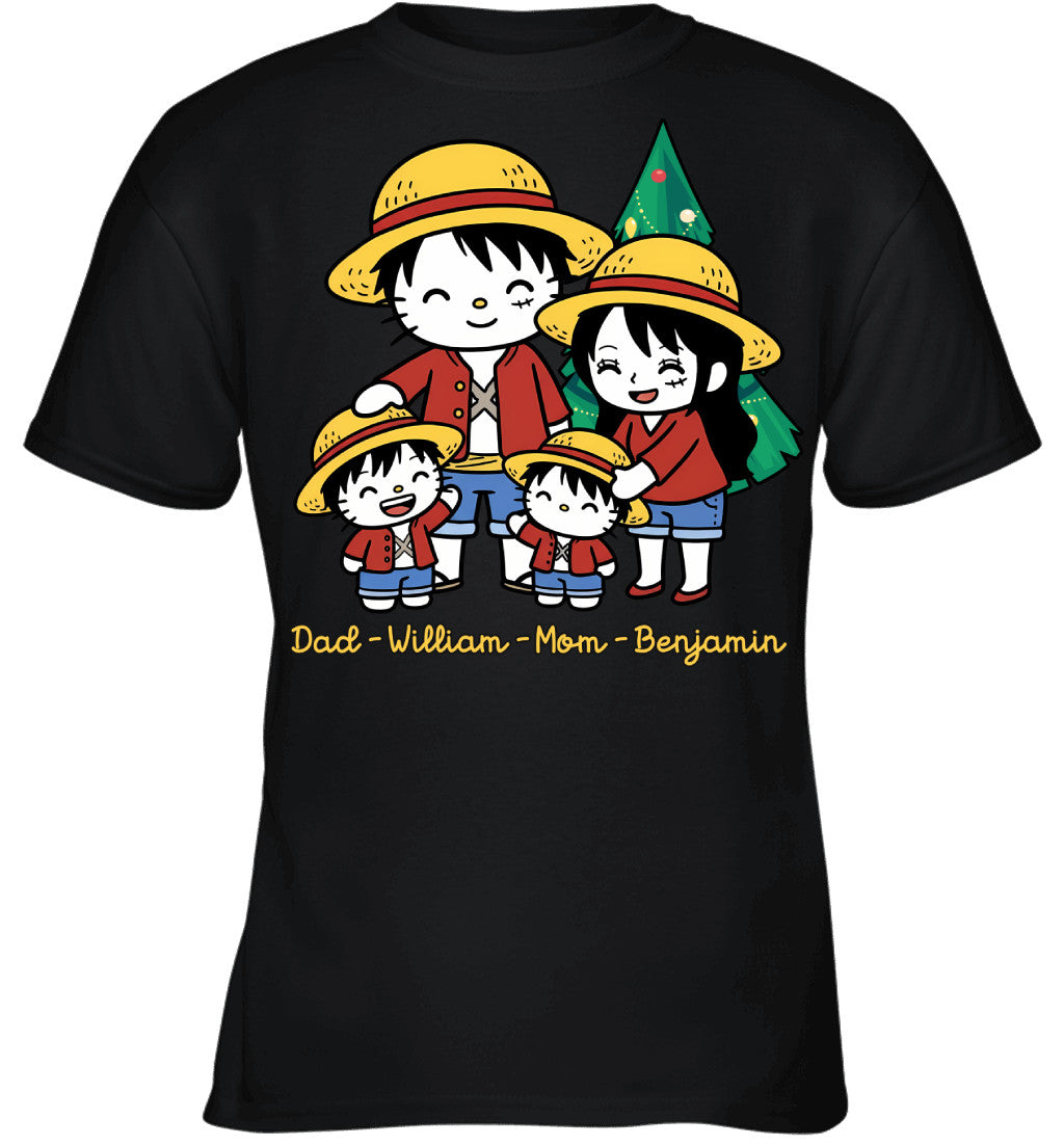 Hello Kitty x Luffy Parents & Sons Custom Name Christmas T-Shirt for Family