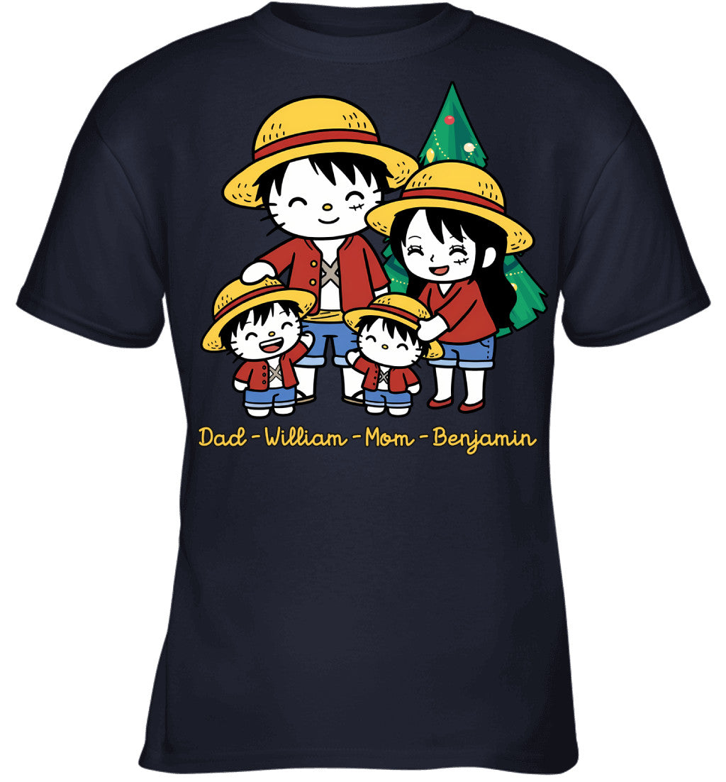Hello Kitty x Luffy Parents & Sons Custom Name Christmas T-Shirt for Family