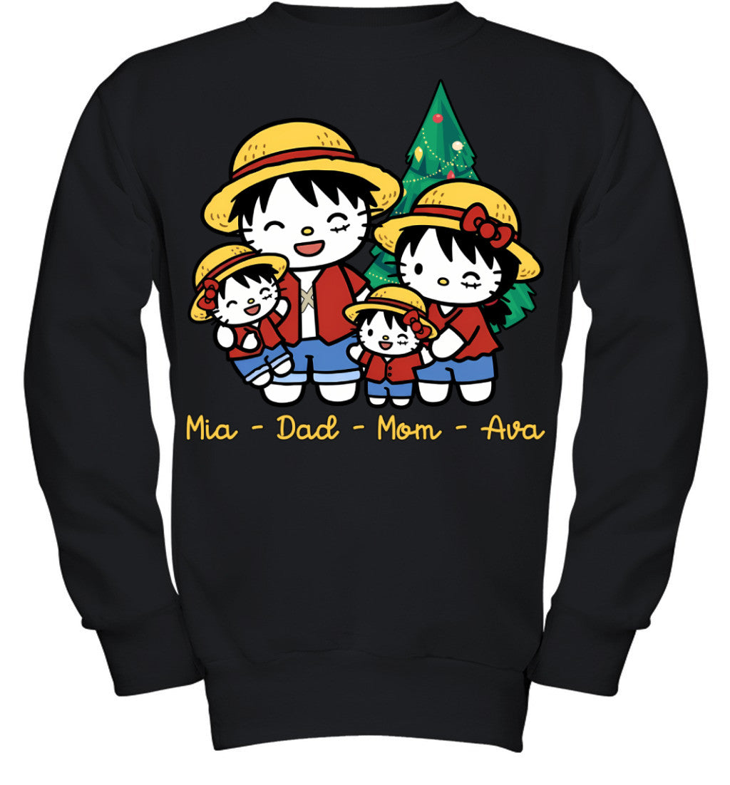 Hello Kitty x Luffy Parents & Daughters Custom Name Christmas T-Shirt for Family