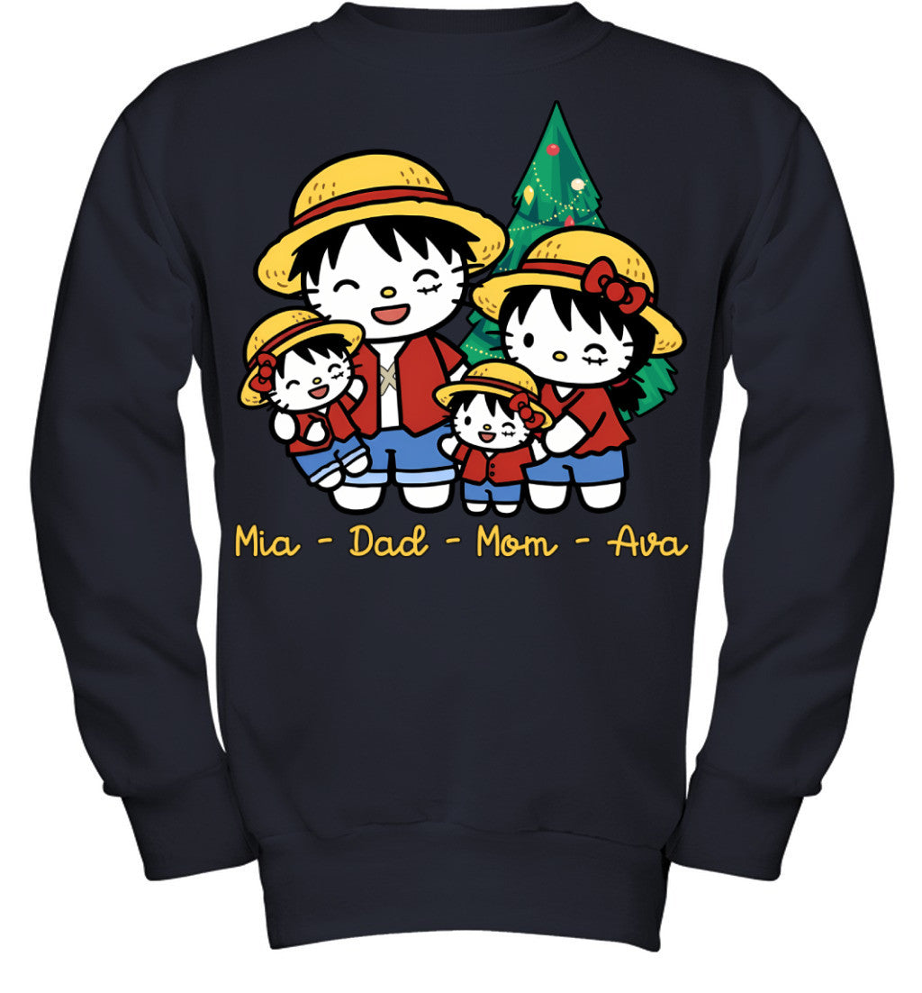 Hello Kitty x Luffy Parents & Daughters Custom Name Christmas T-Shirt for Family