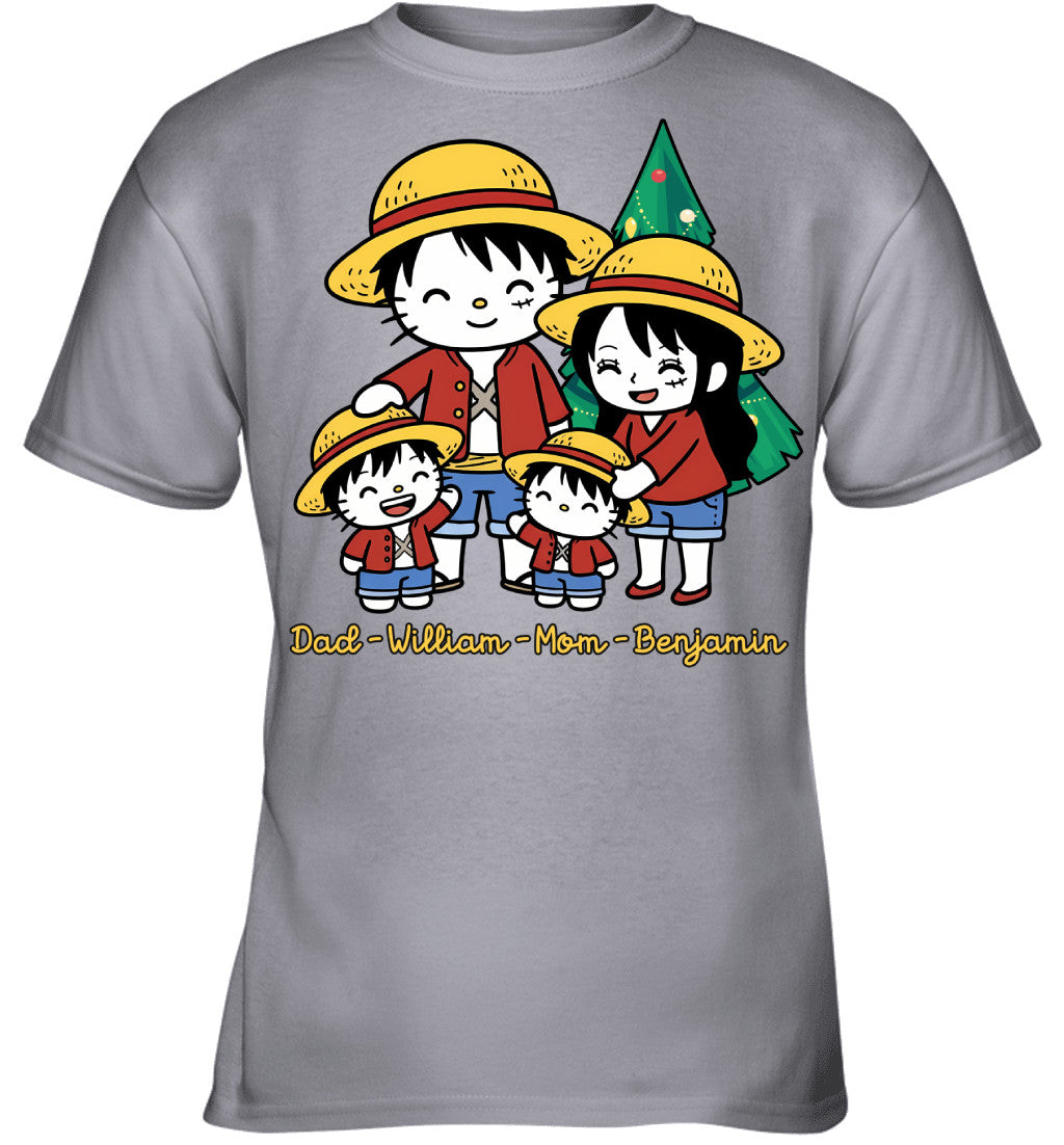 Hello Kitty x Luffy Parents & Sons Custom Name Christmas T-Shirt for Family