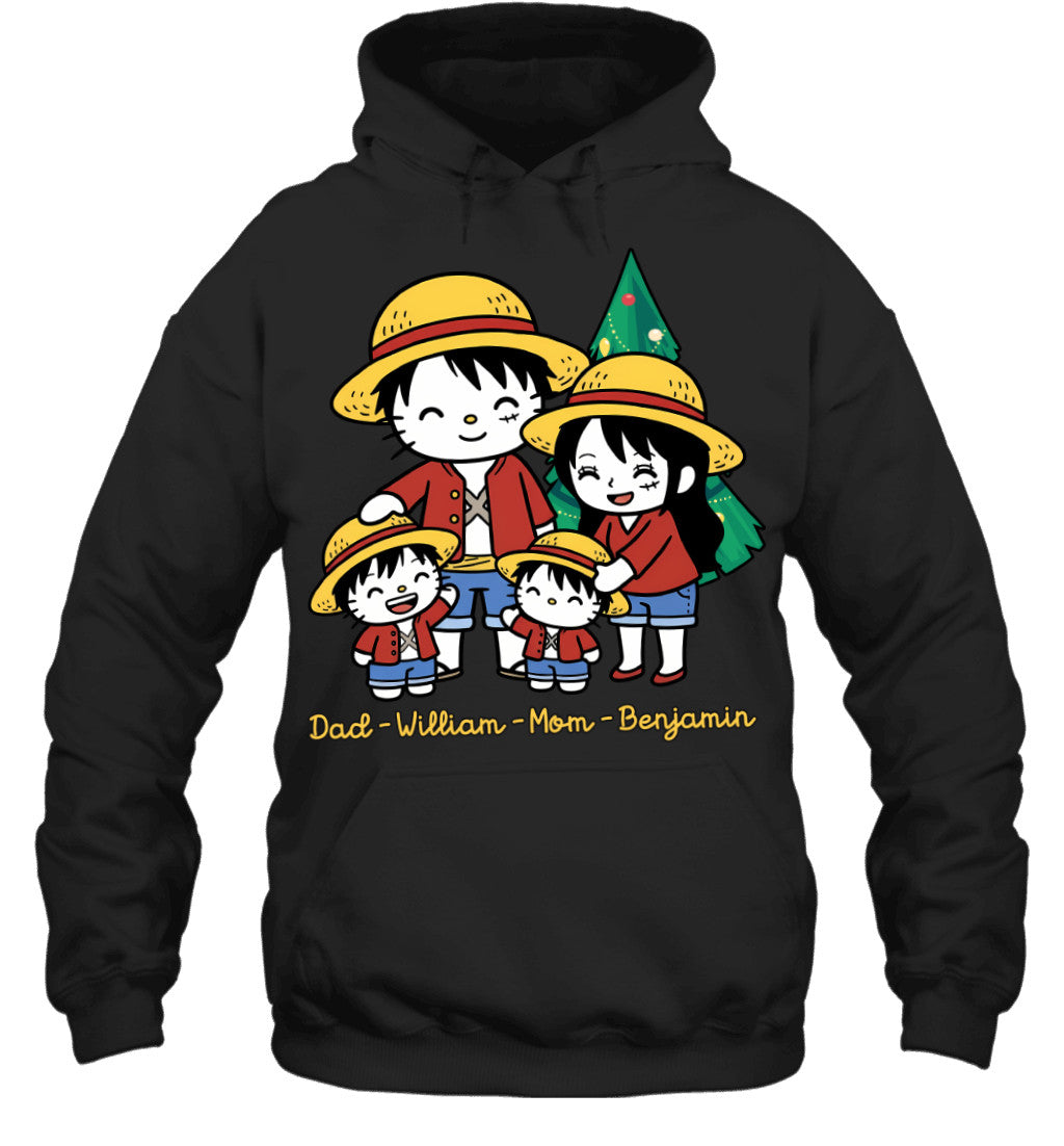 Hello Kitty x Luffy Parents & Sons Custom Name Christmas T-Shirt for Family