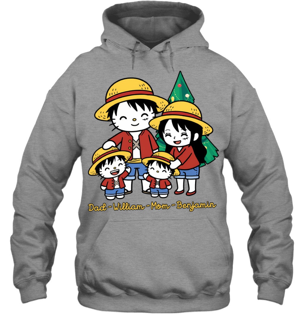 Hello Kitty x Luffy Parents & Sons Custom Name Christmas T-Shirt for Family