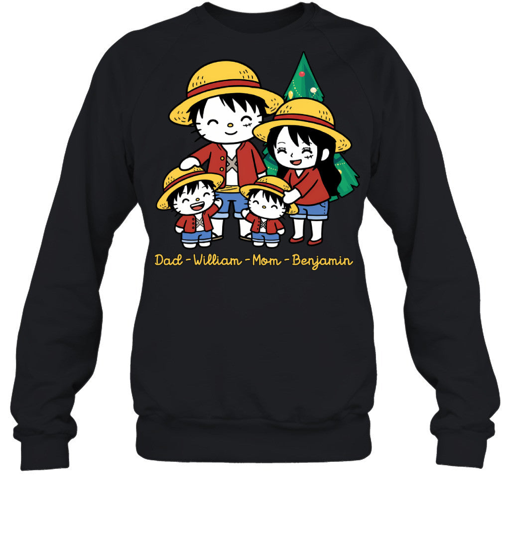 Hello Kitty x Luffy Parents & Sons Custom Name Christmas T-Shirt for Family