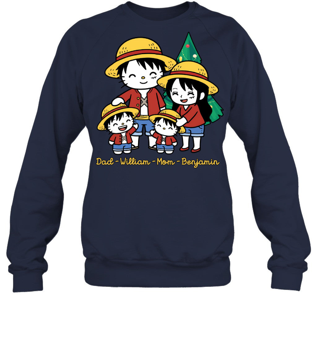 Hello Kitty x Luffy Parents & Sons Custom Name Christmas T-Shirt for Family