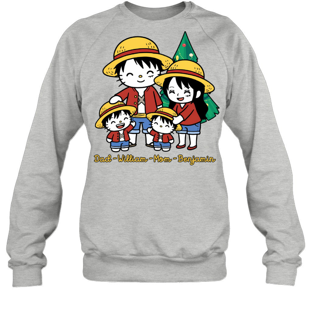 Hello Kitty x Luffy Parents & Sons Custom Name Christmas T-Shirt for Family
