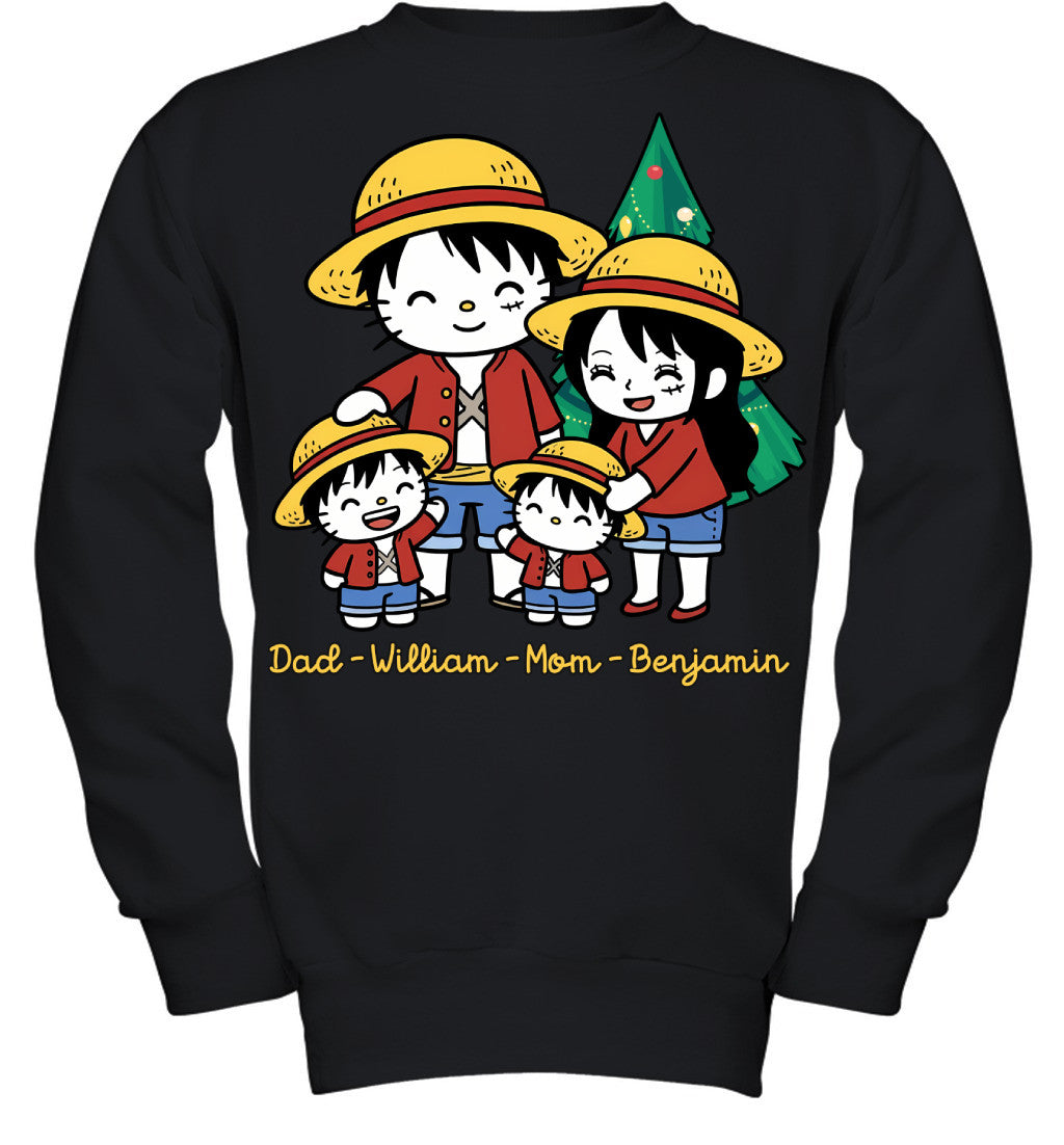 Hello Kitty x Luffy Parents & Sons Custom Name Christmas T-Shirt for Family