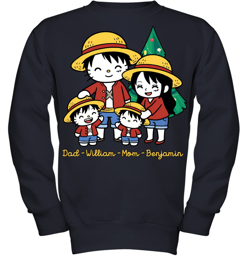 Hello Kitty x Luffy Parents & Sons Custom Name Christmas T-Shirt for Family