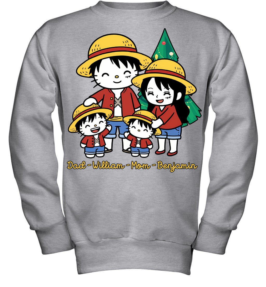 Hello Kitty x Luffy Parents & Sons Custom Name Christmas T-Shirt for Family