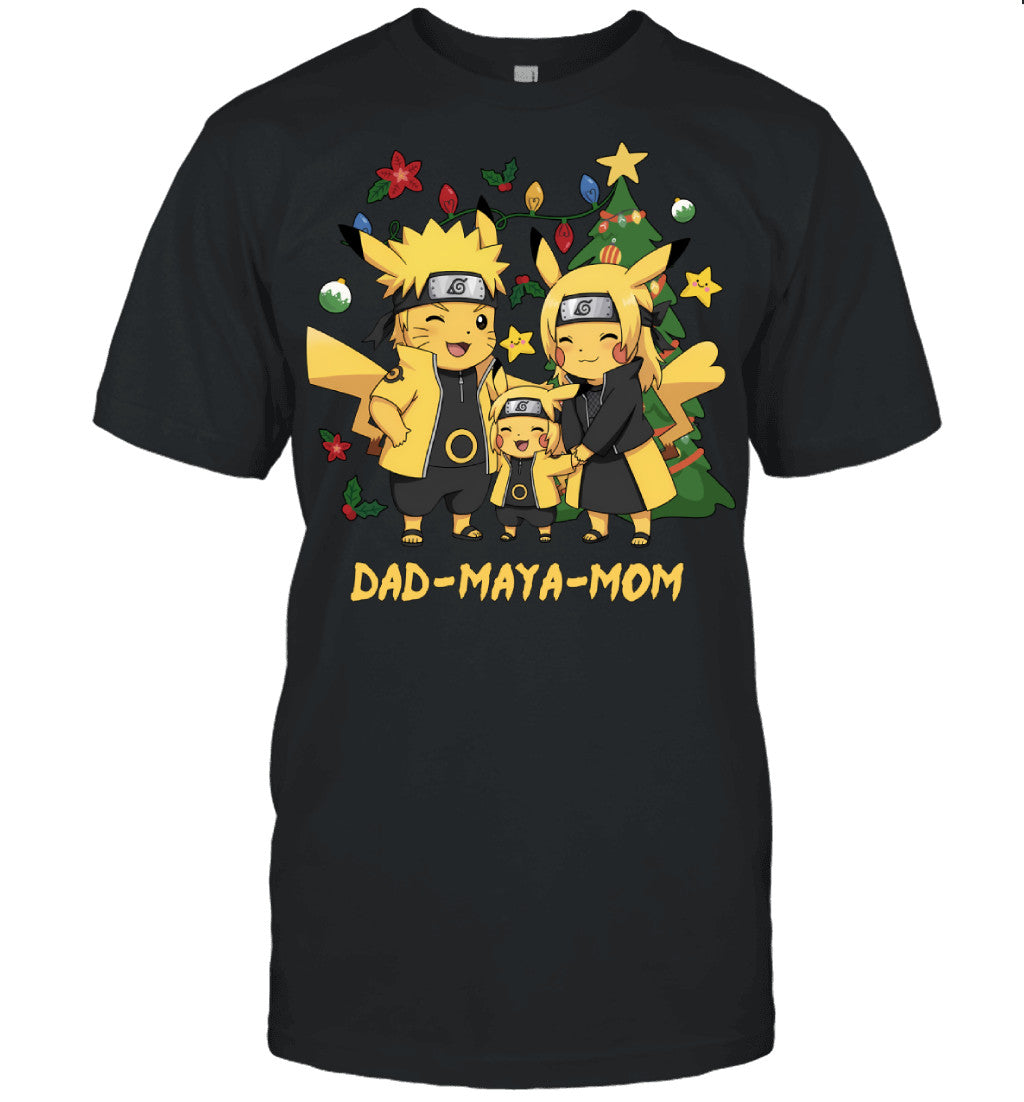 Pikachu x Naruto Parents & Daughter Custom Name Christmas T-Shirt for Family