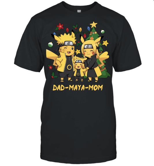 Pikachu x Naruto Parents & Daughter Custom Name Christmas T-Shirt for Family