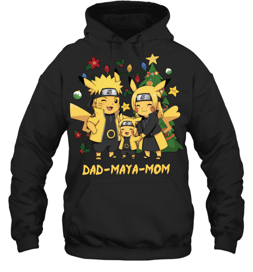Pikachu x Naruto Parents & Daughter Custom Name Christmas T-Shirt for Family