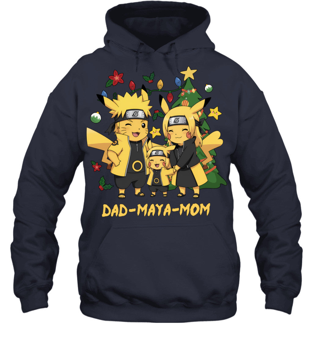 Pikachu x Naruto Parents & Daughter Custom Name Christmas T-Shirt for Family