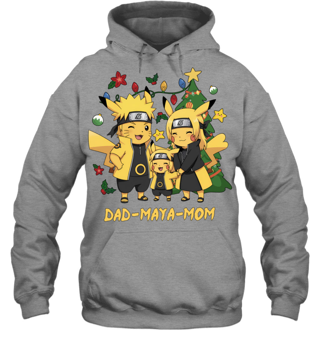 Pikachu x Naruto Parents & Daughter Custom Name Christmas T-Shirt for Family