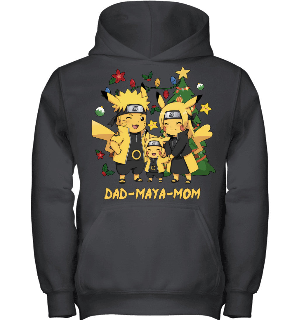 Pikachu x Naruto Parents & Daughter Custom Name Christmas T-Shirt for Family