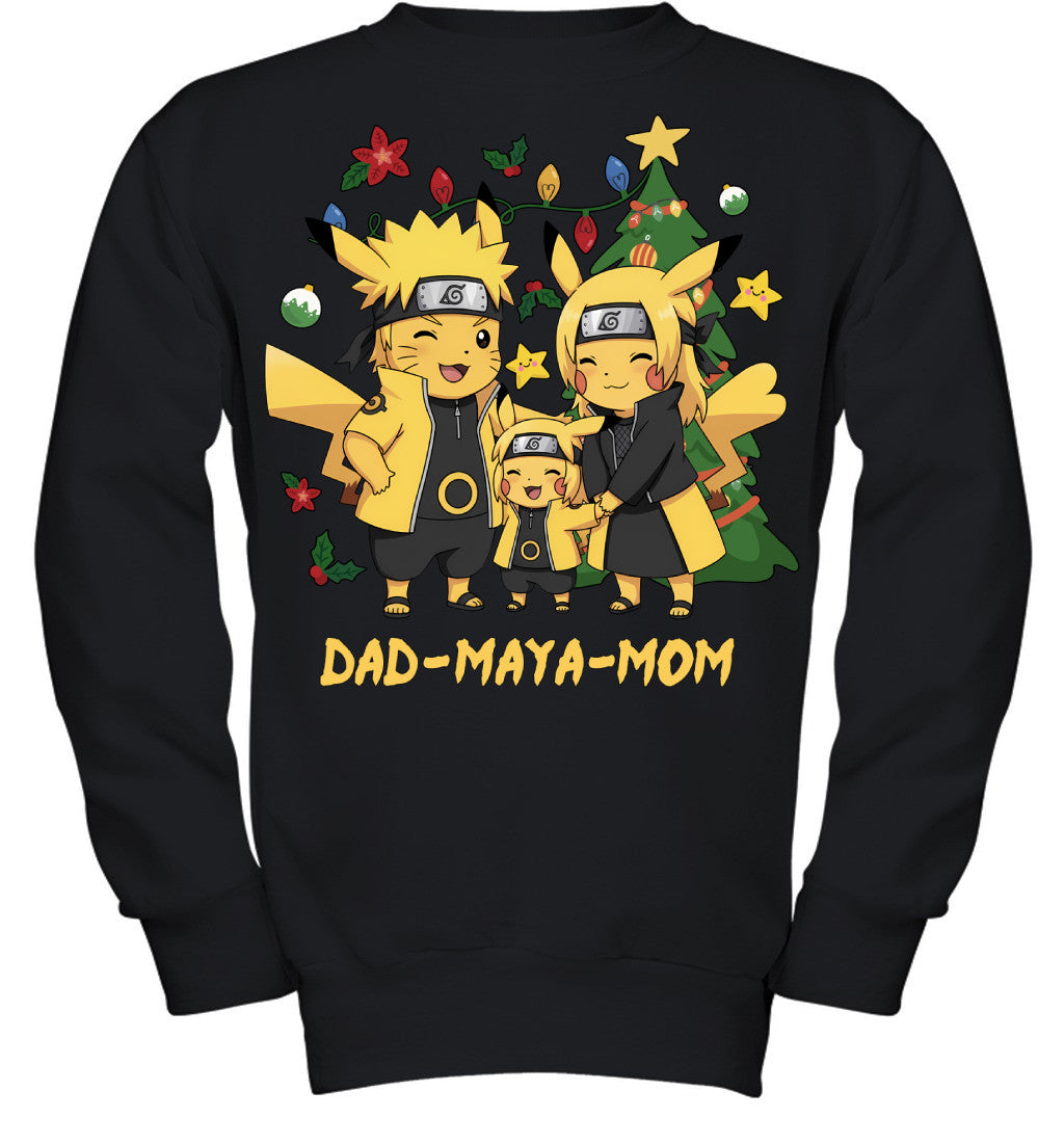 Pikachu x Naruto Parents & Daughter Custom Name Christmas T-Shirt for Family