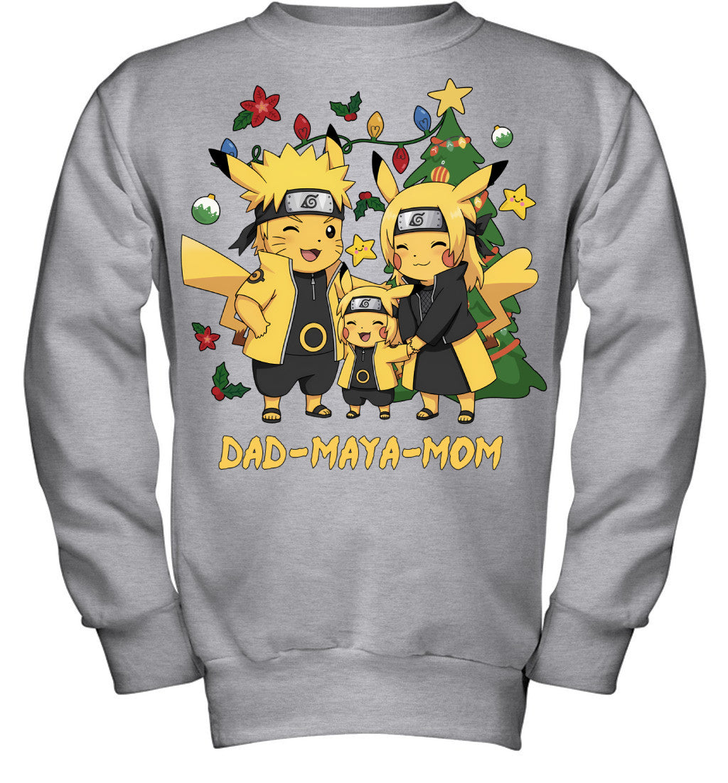Pikachu x Naruto Parents & Daughter Custom Name Christmas T-Shirt for Family