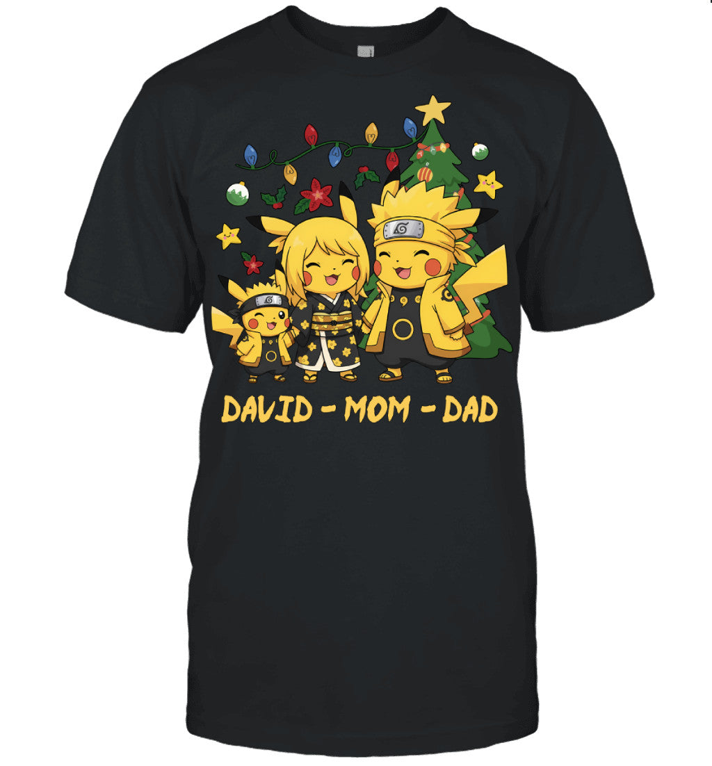 Pikachu x Naruto Parents & Son Custom Name Christmas T-Shirt for Family